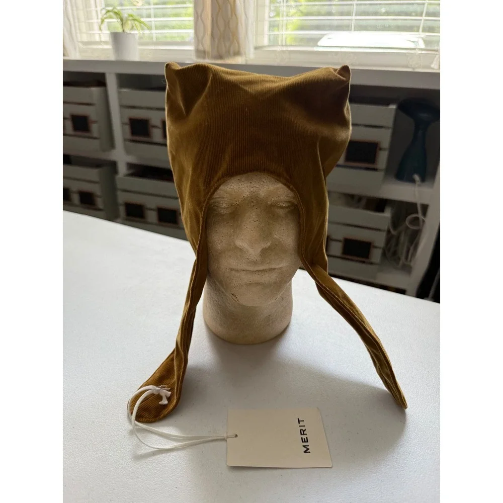 Merit Corduroy Bonnet Hat Mustard Brown Square Top Ear Detail New With Tags